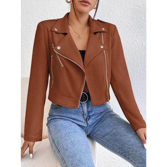 Lapel collar Zip Up vegan Moto Jacket beige cream - Picture 10 of 11